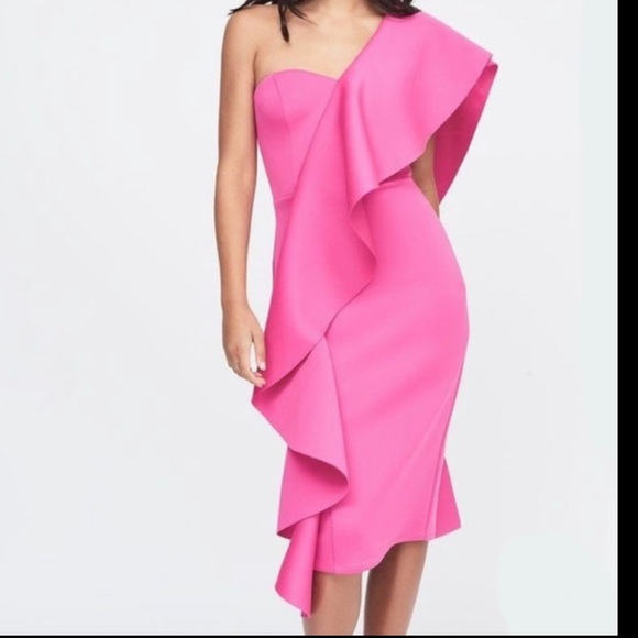 Lavish Alice Exaggerated Frill One Shoulder Scuba Midi Dress - Picture 2 of 10
